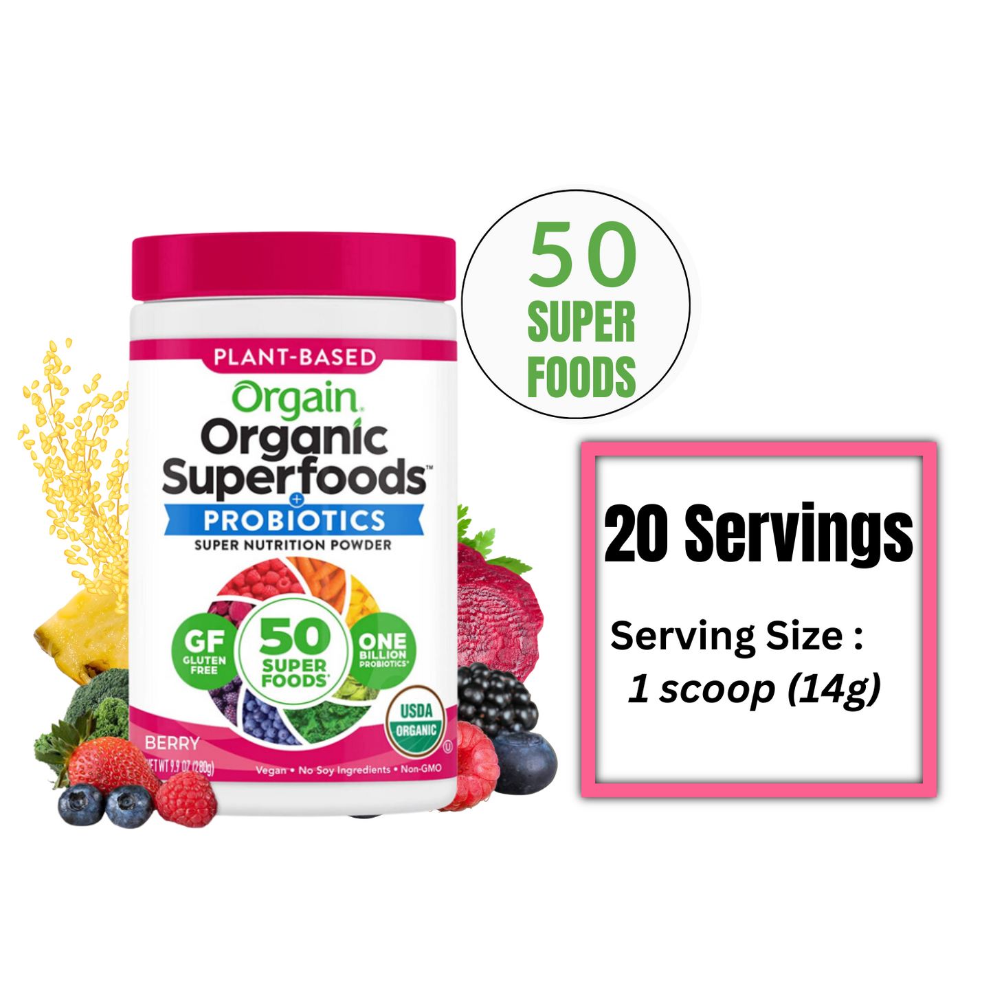 (Orgain) Organic Superfoods Probiotics Super Nutrition Powder Berry Flavored 280g