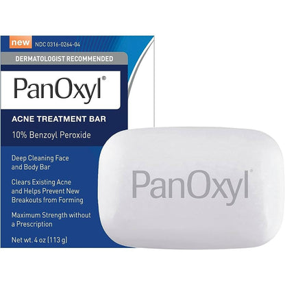PanOxyl Acne Treatment Bar with 10% Benzoyl Peroxide, Maximum Strength Acne Bar Soap 113g